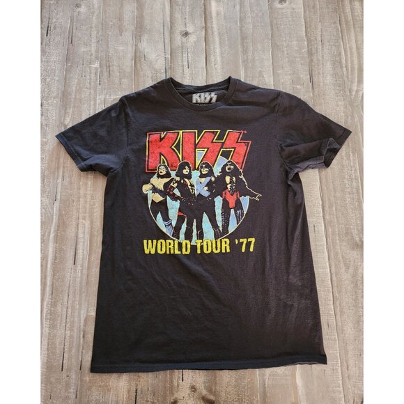 Kiss Other - Kiss World Tour 77  Mens Black T-Shirt Size Medium 100% Cotton Vintage Style